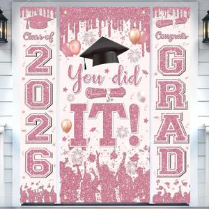 Pink Floral Graduation Door Decorations Banner Class of 2026 Congrats Grad Door Cover Banner Rose Gold Graduation Porch Sign Hanging Flag for High School College Graduates Party Supplies Decorations