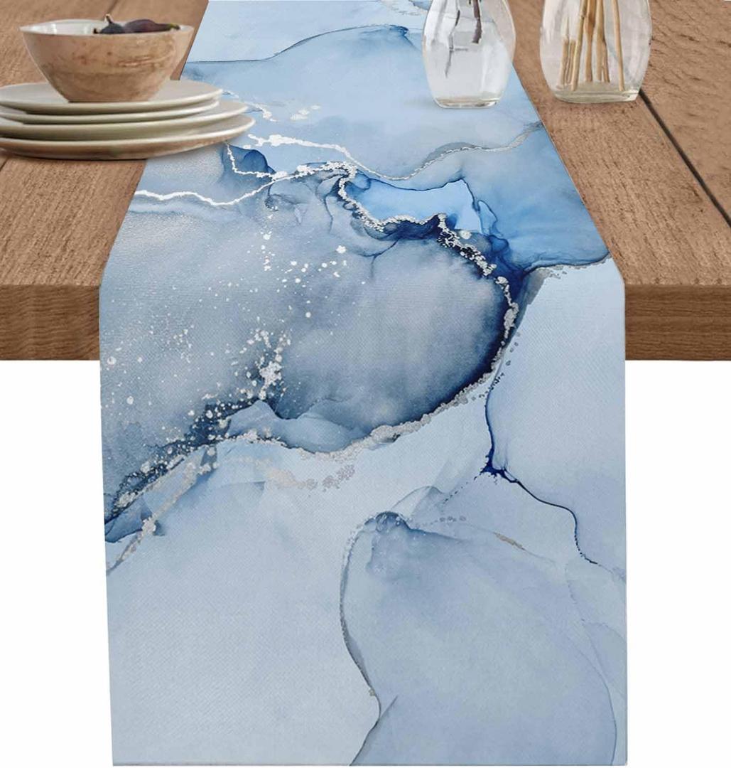 Marble Table Runner 36 Inches Small - Ombre Blue Marble Grey Farmhouse Modern Kitchen Dining Burlap & Cotton Tablerunner for Small/Round/Square/Wedding/Coffee/Dining Table Party Home Dcor