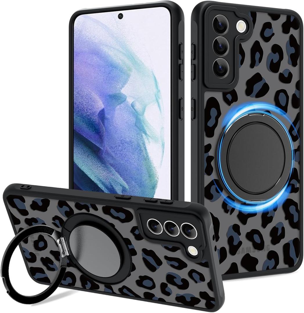Fiyart Designed for Samsung Galaxy S21 Plus Case Leopard Ring Holder Kickstand Magnetic Bumper Compatible with MagSafe Camera Lens Protection for Women Men Cheetah Print S21+ 6.7"-Black