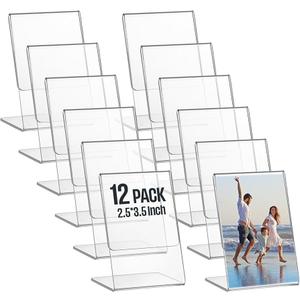 Ctosree 12 Pcs Acrylic Photo Frame L shape Slant Back Desktop Photo Frames Plastic Clear Sign Clear Acrylic Display Stand Table Top Sign for Home Office Wedding Restaurant Menu (2.5 x 3.5 Inch)