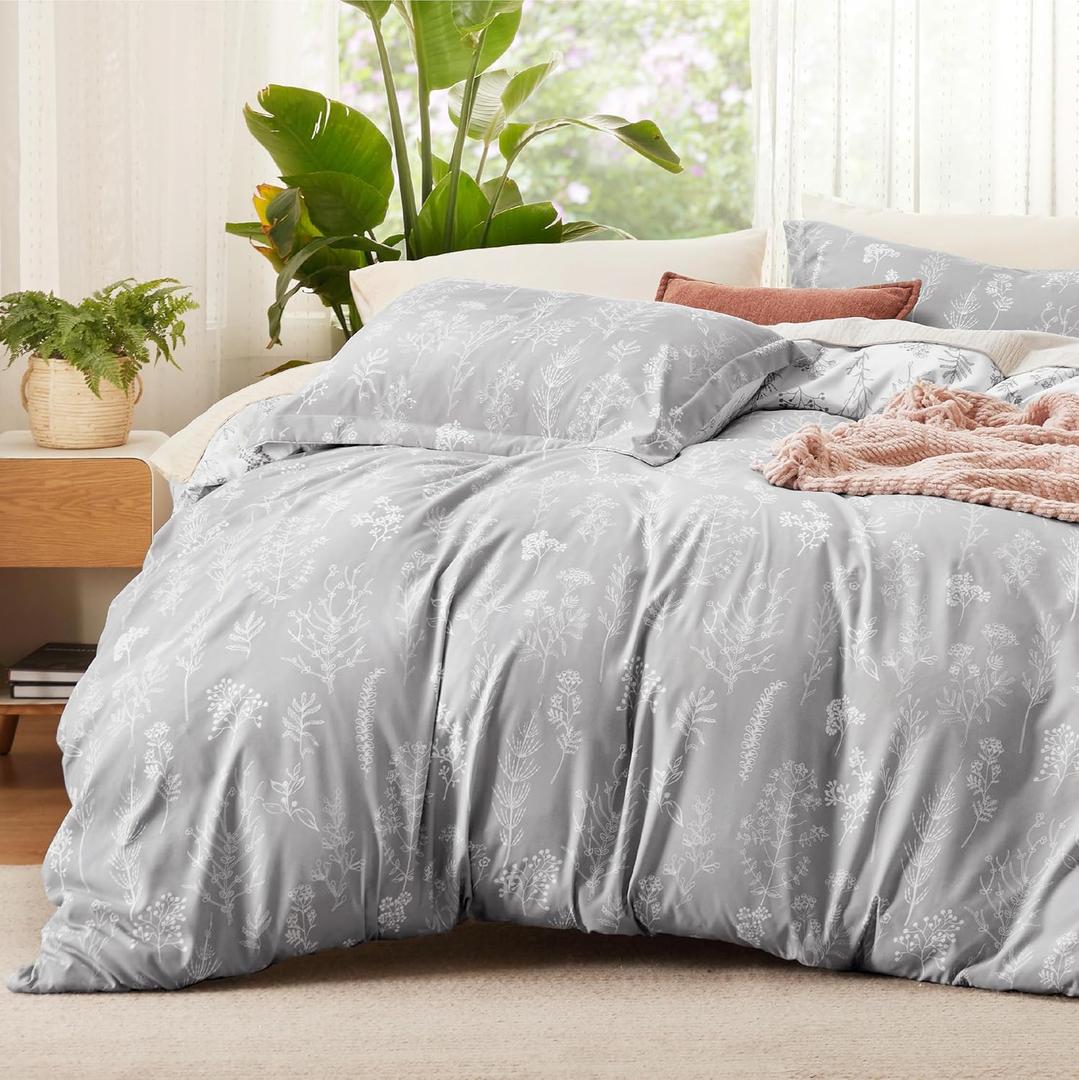Bedsure Duvet Cover King Size - Reversible Grey King Duvet Cover Set with Zipper Closure, 3 Pieces Botanical Floral Patterned Bedding Set with 8 Corner Ties and 2 Pillow Shams (King (104" X 90"))