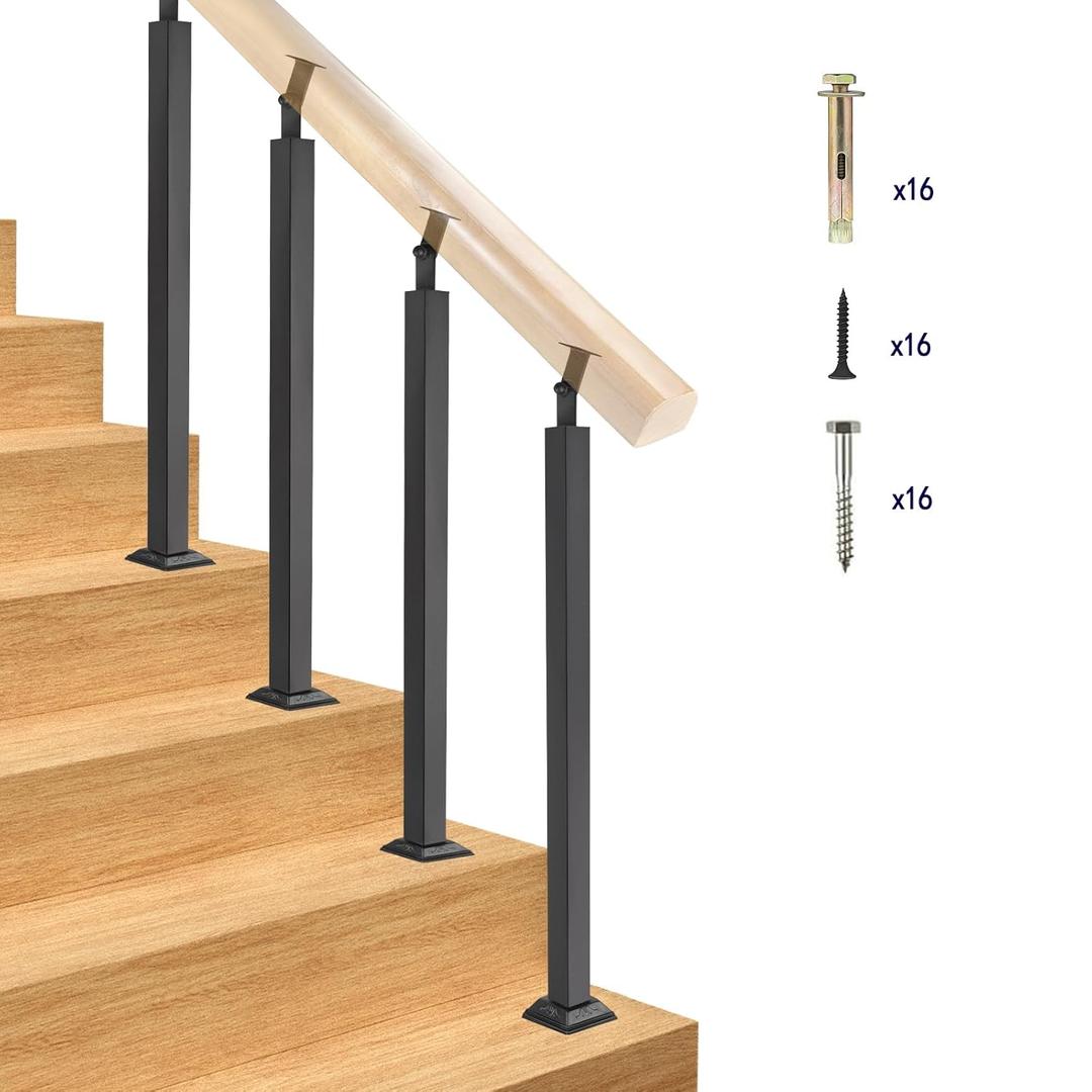 Yolanda 4pcs Black Railing Post Kit, Metal Stair Post, Indoor Outdoor Metal Deck Railing Sprindles, 270 Adjustable for Porch, Concrete, Wooden Steps (35.43IN)