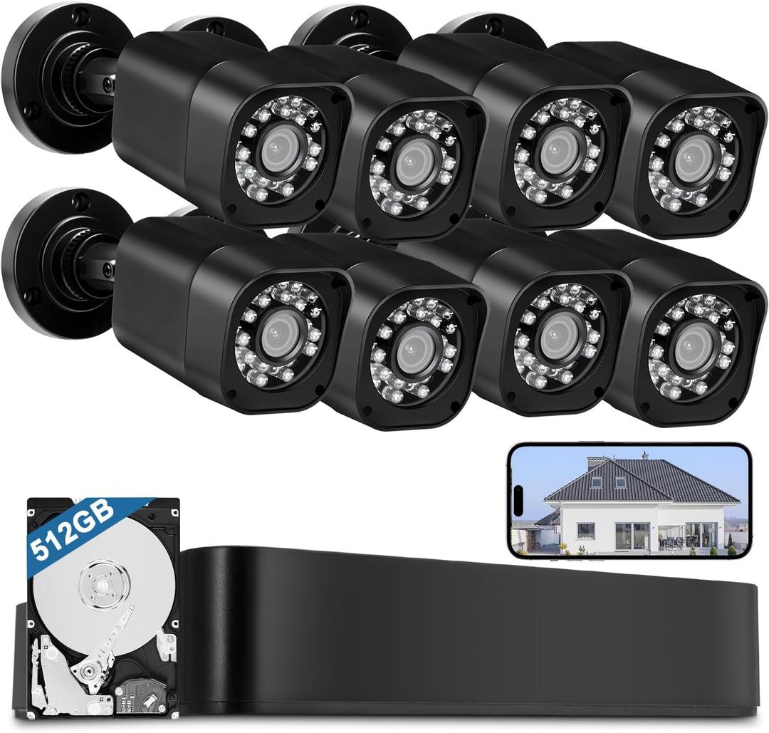 8CH 1080P Wired Security Camera System, AIWIXEN 8 x Surveillance Security Cameras Outdoor Home with Human Vehicle Detection, CCTV DVR with 512GB HDD, Remote Access, IP68 Waterproof, 24-7 Recording