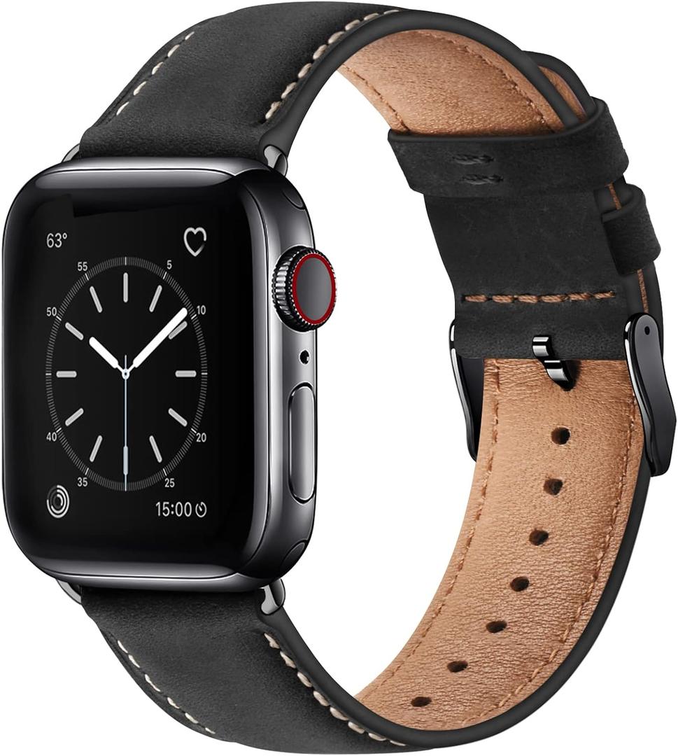 SUNFWR Leather Bands Compatible with Apple Watch Band 41mm 40mm 38mm for Men Women, Top Grain Genuine Leather Replacement Strap for iWatch Ultra SE2 SE Series 8 7 6 5 4 3 2 1 (Black/Black)