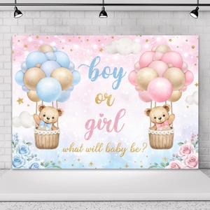 Omifly Bear Gender Reveal 7Wx5H Backdrop for Photography Boy or Girl Pink Blue Hot Air Balloon Floral Newborn Baby Shower Background Party Decorations Cake Table Banner Decor Photo Booth Studio Props