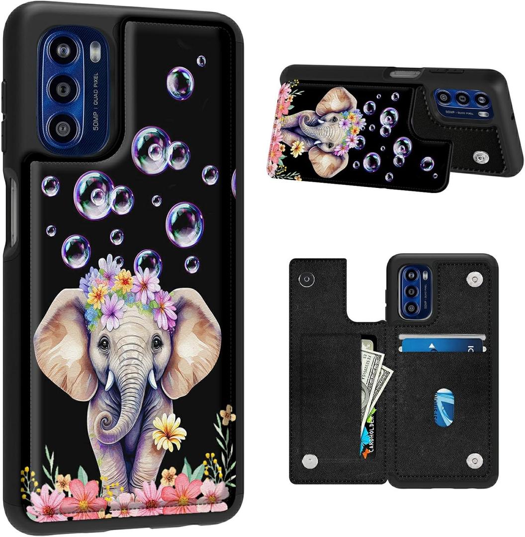 Case for Motorola Moto G 5G 2022 with Card Holder Slot, PU Leather Wallet Kickstand Case, Double Magnetic Clasp and TPU Durable Shockproof Cover, Cute Elephant Bubbles