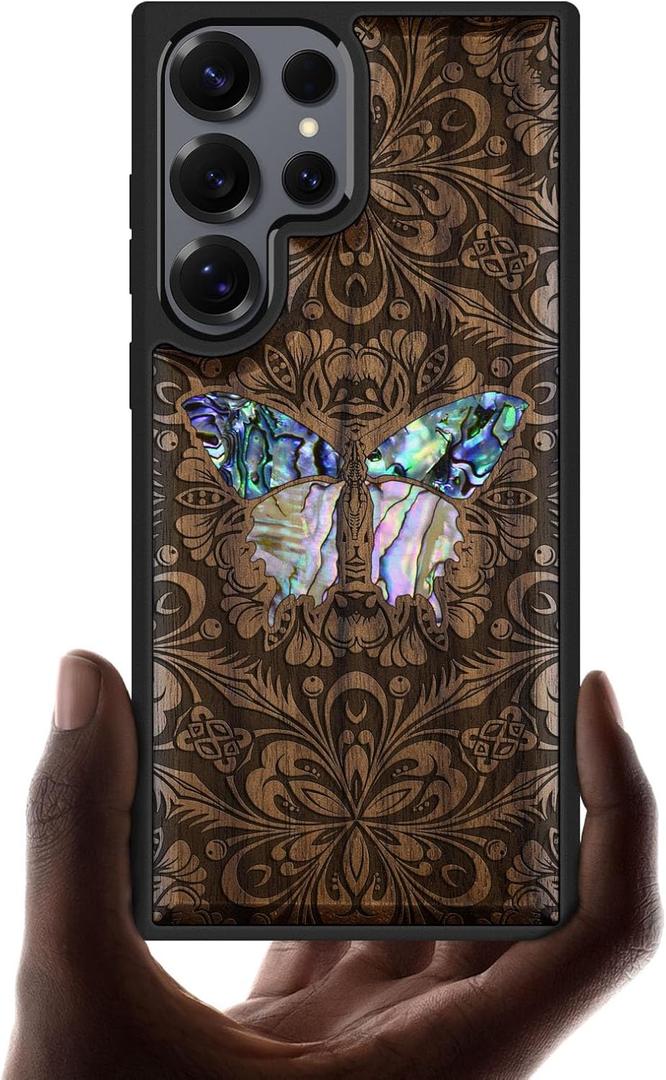 Carveit Magnetic Wooden Case for Samsung Galaxy S25 Ultra Case, Wood Artisan Engraved & Handmade Shell Inlaid, Compatible with MagSafe Wireless Chargers (Baroque Butterfly)