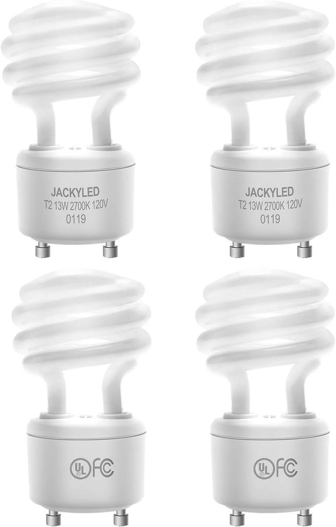 JACKYLED UL-Listed 13w Gu24 CFL Light Bulbs 2700k T2 Spiral Gu24 Base 2-Prong Light Bulb Warm White Fluorescent Light Bulbs Indoor Use (4-Pack)