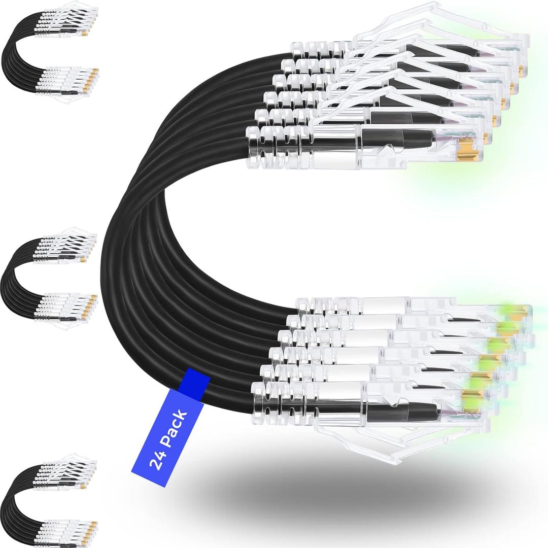 Rapink Patch Cables Cat6/ Cat6a 0.5ft (24 Pack) Slim, Cat6a Ethernet Patch Cable 10G Support, Snagless Cat 6 Patch Cable for Patch Panel to Switch, Flexiable Cat6 Ethernet Cable Black