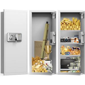 White 33.46" Tall Sturdy Wall Safes Between the Studs 16" Centers, Fireproof in Wall Safe with Removable Shelf, Combination Lock Hidden Safe for Money Jewelry Passport Documents