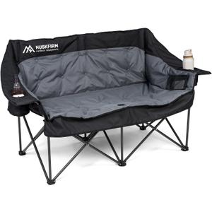 Huskfirm Double Camping Chair Oversized Padded Camping Chairs for Adults Folding Loveseat with Cup Holders and Side Pockets Heavy Duty Outdoor Lawn Chairs for Camping,Sports, Fishing,Beach,Black, 60 inches x 25.5 inches x 35.5 inches