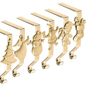 Gold Christmas Stocking Hooks - Set of 6, Reusable No-Damage Hangers for Fireplace Mantle and Christmas Decoration