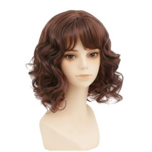 Short Brown Curly Wig for Women with Bangs Shoulder Length Wig Curly Natural for Daily Party Use