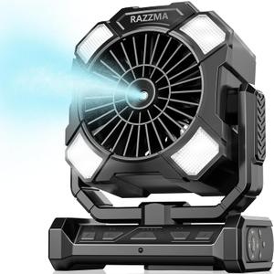 Portable Misting Fan, Camping Fans with Remote, 24000mAh Rechargeable Battery Cooling Fan for Outdoors Patios, Rechargeable Fans 270 Adjustable, Hanging & Lighting for Outdoor Indoor cooling (Black)