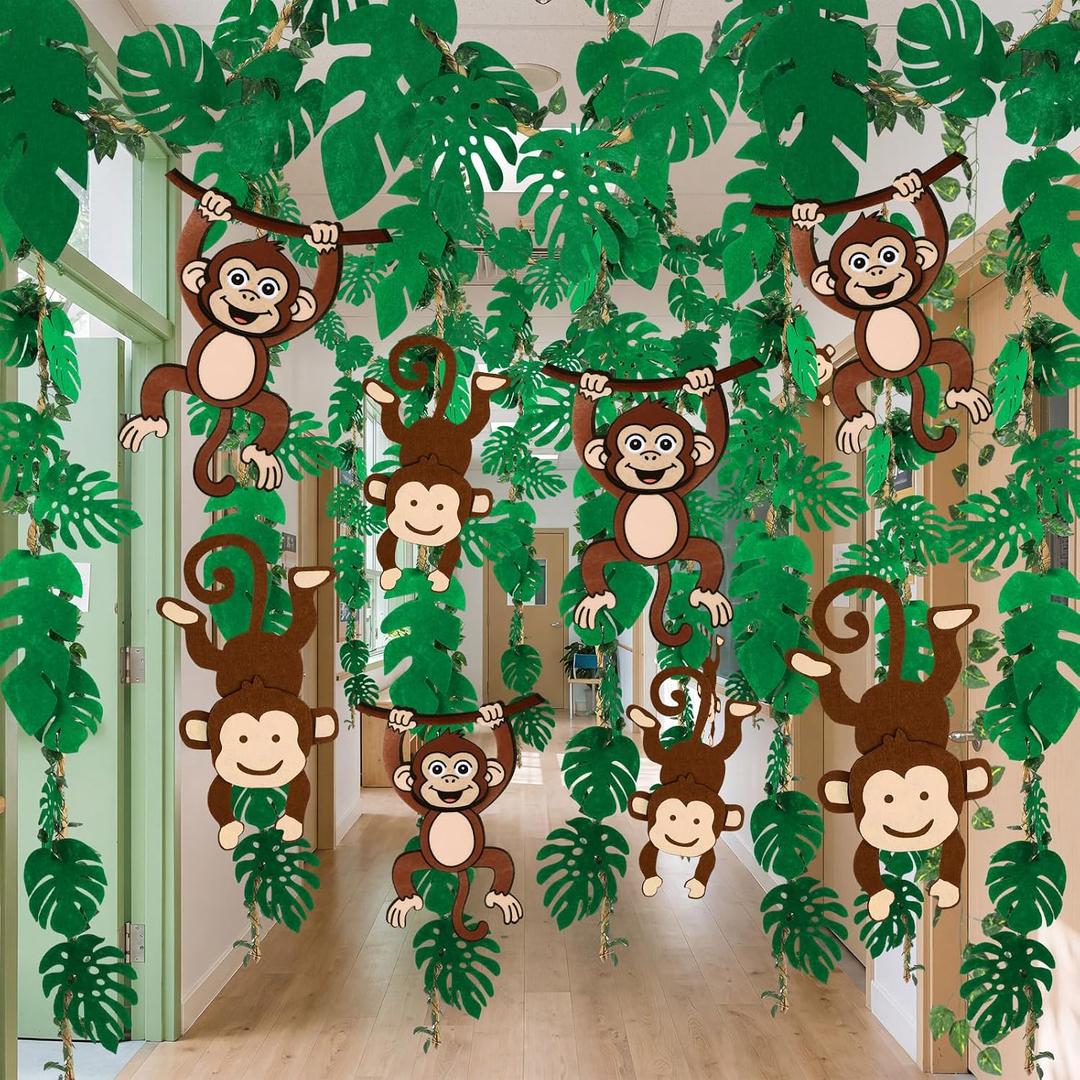 77 Pcs Jungle Monkey Themed Party Decorations Rainforest Tropical 2026 Vbs Safari Birthday Decor with 12 Felt Hanging Monkeys 98.4ft Kraft Paper 14.4ft Artificial Rattan 60 Leaf Garland for Classroom