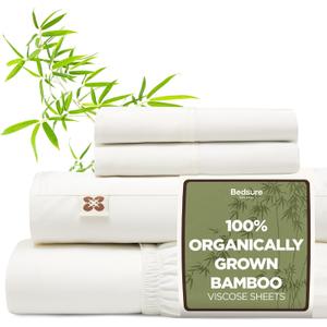 Bedsure 100% Organically Grown Bamboo Viscose Sheets - 18 Inches Deep Pocket Sheets with Elastic Corner, Queen Sheet Set, Ultra-Soft, Silky & Cooling Bedsheets, Oeko-Tex, 4 Pieces, Ivory