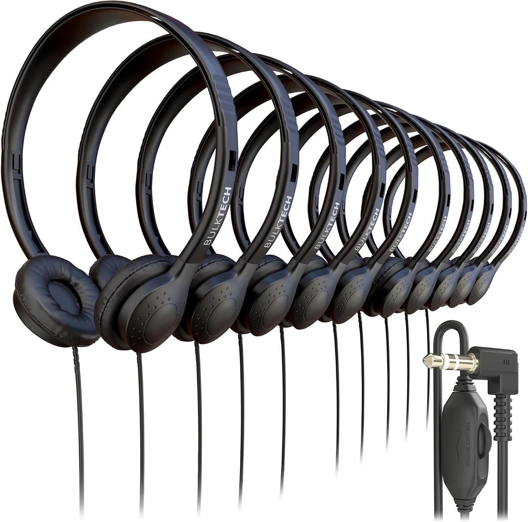 10 Pack Bulk Wired On-Ear Leather Headphones with 3.5mm Connector and Remote Control for Volume, Black