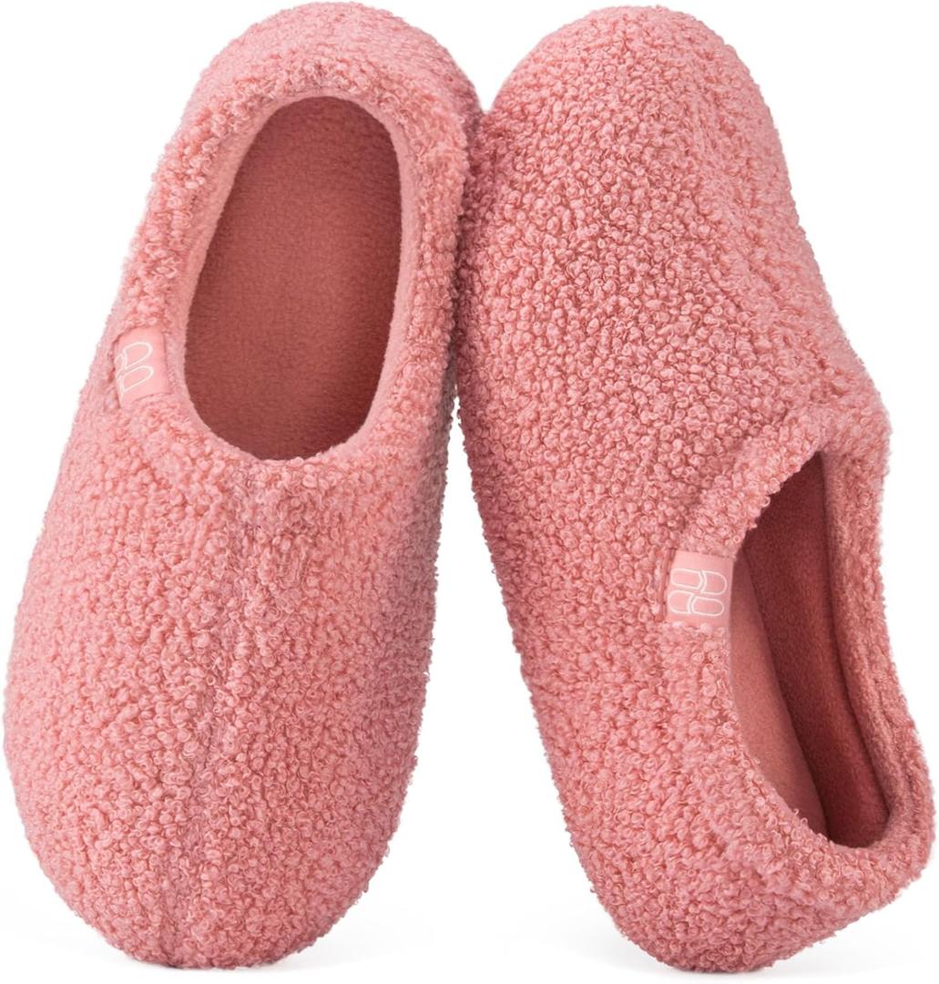 HomeTop Women's Fuzzy Curly Fur Memory Foam Loafer Slippers with Polar Fleece Lining (9-10, Pink)