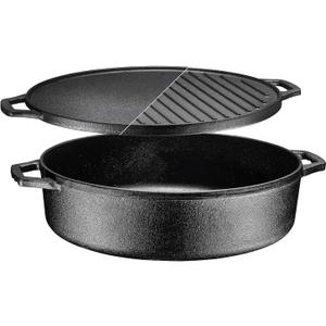 Bruntmor 6.8 Quart Cast Iron Skillet with Reversible Grill Griddle Lid - 3-in-1 Round Cast Iron Pan for Frying, Grilling, Dutch Oven Cooking - Roasting Pan with Lid, Camping Cookware, Black