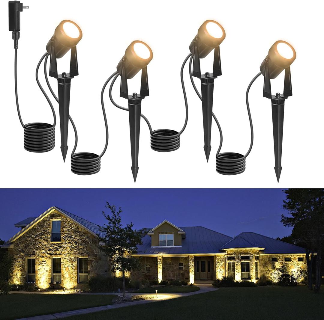 Outdoor Landscape Lighting Waterproof with 45.9FT Cable & built-in LED Light, Low Voltage 12W 1200LM Plug in Electric LED Spot Light 3000K Uplight with Transformer for Garden Yard Tree Path, Pack of 4