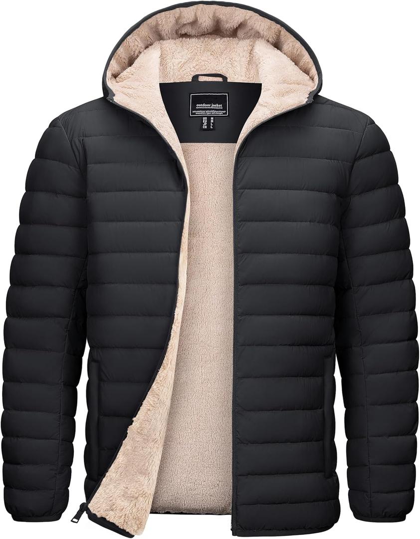 TACVASEN Men's Puffer Jacket Hooded Sherpa Lined Water Resistant Windproof Insulated Jacket Warm Winter Puffy Coat (Black, M)