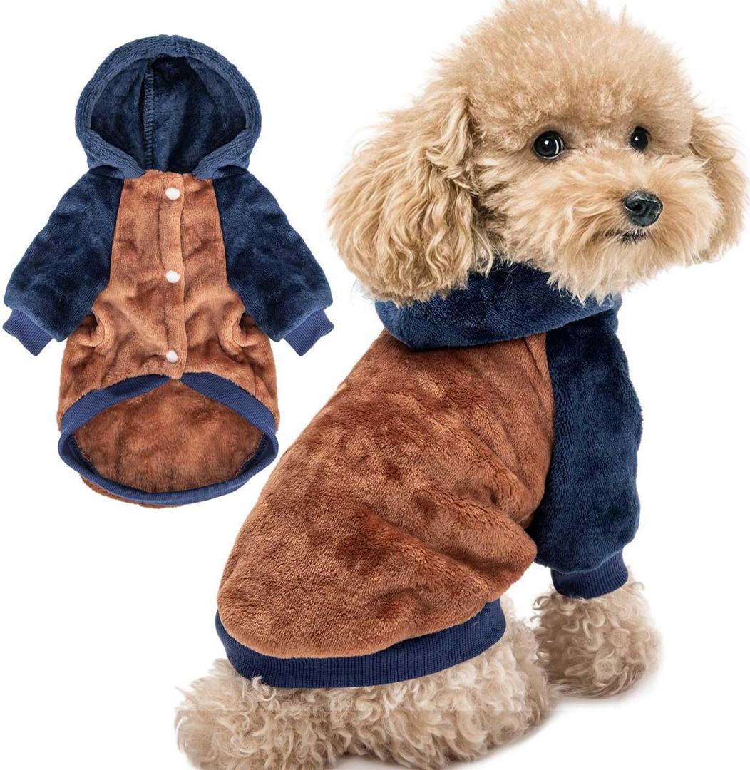 FabriCastle Dog Hoodie Sweater for Small Dogs Boy and Girl, Dog Clothes S XS XXS Puppy Sweatshirt, Pet Outfit, Cat Clothing Super Soft Warm Snap On Closure (Camel-Navy, Small)