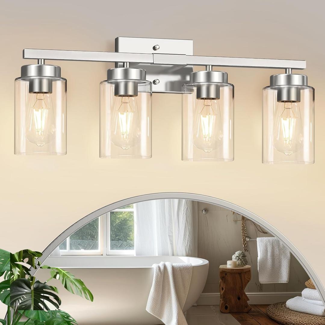 IZORRO Modern Bathroom Light Fixtures, 4 Light Brushed Nickel Vanity Lights, Bathroom Lighting Fixtures Over Mirror with Clear Glass for Living Room Cabinet Bedroom