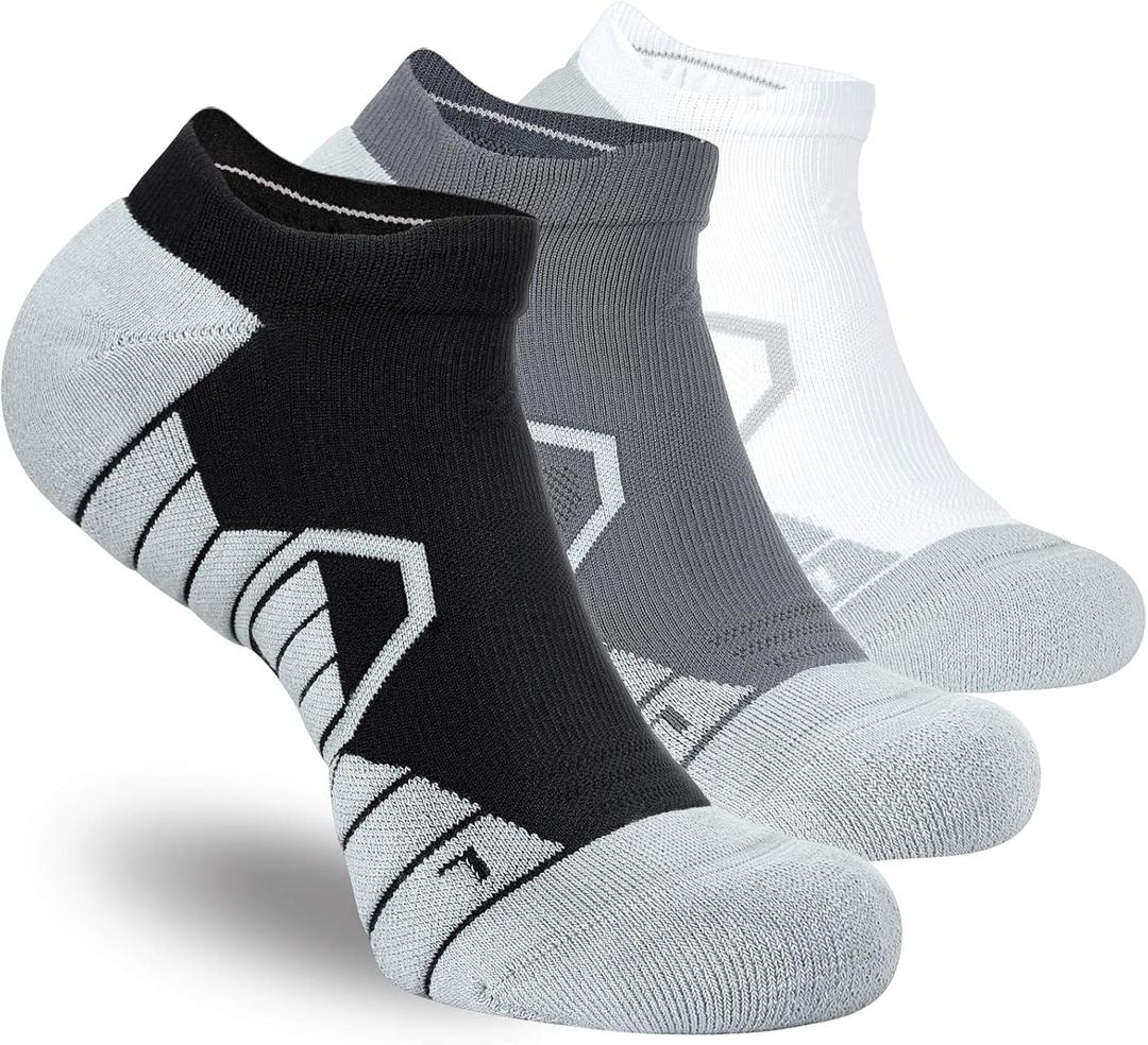 Hylaea Athletic Running Socks Cushion Padded Moisture Wicking Low Cut (Large, 3 Pairs Black Grey White)