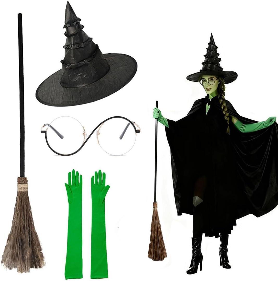 4 Pcs Halloween Witch Costume Set, Cosplay Kit with Witch Hat, Green Gloves, Broom & Glasses Wicked Party Costume for Women Lady