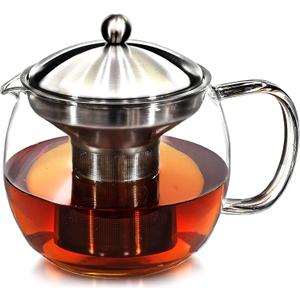 Teapot with Infuser for Loose Tea - 40oz, 3-4 Cup, Clear Glass Kettle Pot with Strainer & Warmer - For Whole Leaf, Iced Maker & Brewer