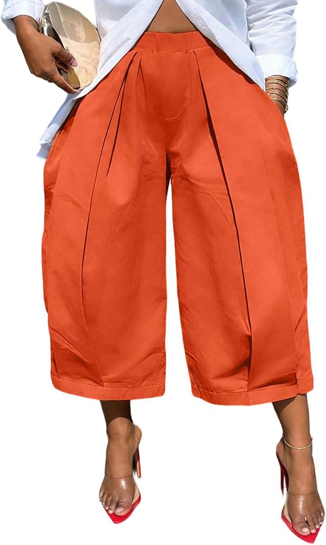 DINGANG Women's Wide Leg Capri Pants Pleated Balloon Cropped Trousers | High Waisted Barrel Leg Culottes,Lightweight,Loose Fit,Casual,Ankle Length,with Pockets,Dressy Gaucho Capri Palazzo Pants (Orange, XL)