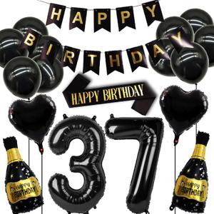 37th Birthday Decorations Set Women and Men, Black Gold 37 Birthday Decoration Balloon, 37th Birthday Party Supplies Including Birthday Banner, Shoulder Strap and Wine Bottle Balloon