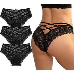 AUTUCAU Sexy Cheeky Underwear for Women Lace Floral Bikini Criss Cross Seamless Panties Ladies Cute Hipster Briefs 3-Pack, XL