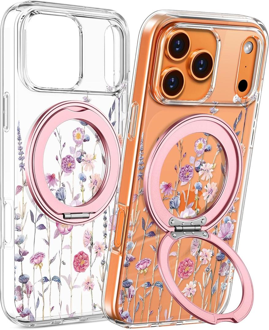 Loheckle for iPhone 17 Pro Case with Stand- Compatible with MagSafe Women Girls Cute Clear Aesthetic Unique Design Soft TPU Magnetic Ring Phone Cover for Apple 17 Pro, Purple Flower