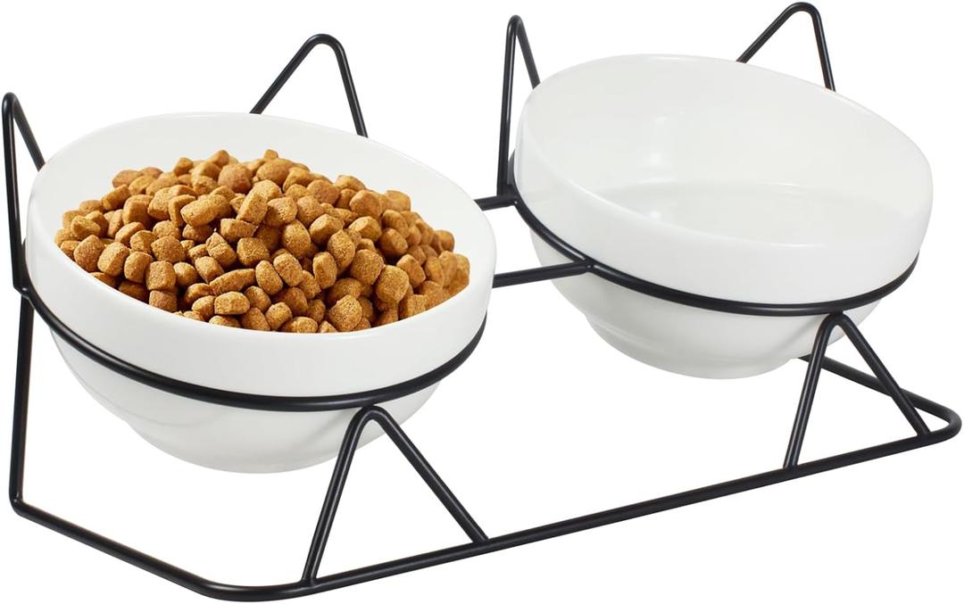 Elevated Tilted Cat Bowls for Indoor CatsRaised Ceramic Cat Bowl Elevated 15,Pet Feeding Bowls for Food and Water Anti Vomiting Bowl(Double Ceramics and Tilt Shelf) Suitable