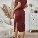 SHENHE Women's Maternity Ribbed 2 Piece Outfits Short Sleeve Crop Top Bodycon Slit Midi Skirt Set (Red, M)