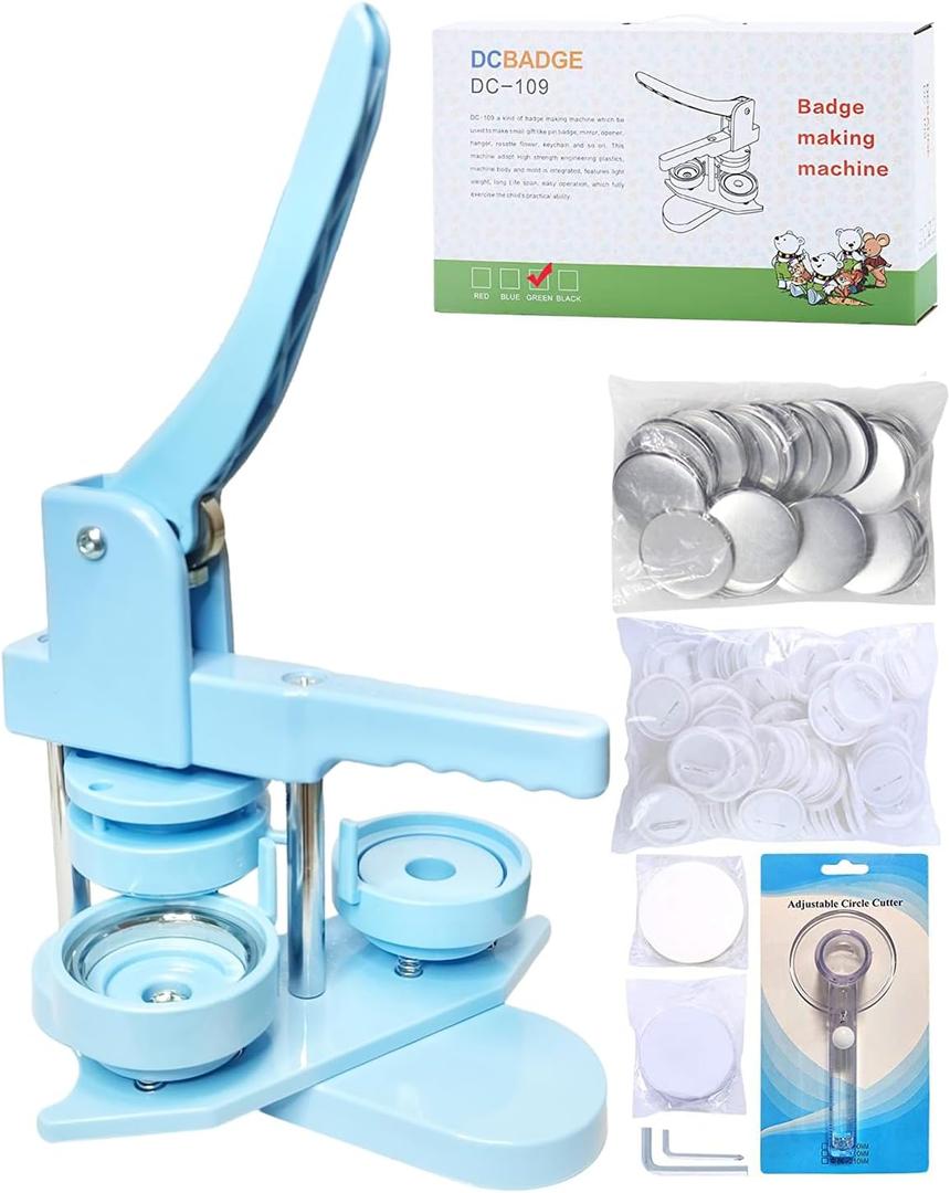 DCBADGE Button Maker Machine, Button Pin Maker (3rd Gen) Installation-Free DIY, Button Press Machine Kit with Free Button Parts&Circle Cutter&Wrench Gadget (Light Blue, 58mm2.25in)