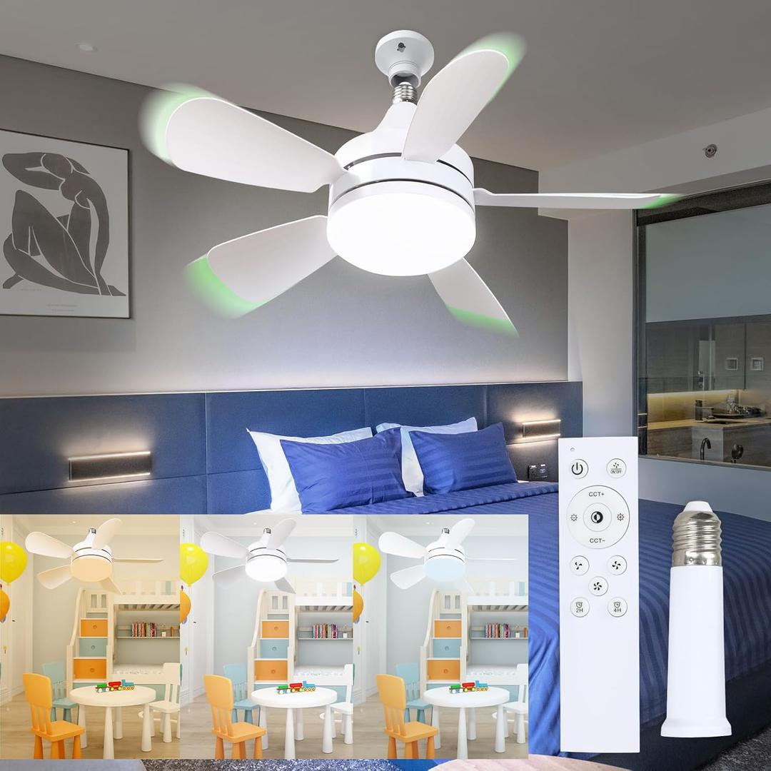 17IN Socket Fan Light with Remote Control & Socket Extenders, E26/E27 Base, 5 Blades Screw Fan with 20W Dimmable Light Bulb for Bathroom Kitchen Bedroom UL Listed