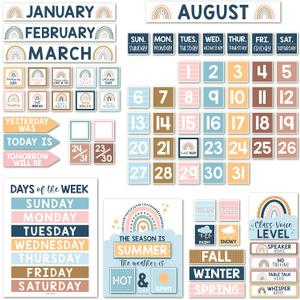 Classroom Calendar Set Bulletin Board Decor  School Calendar For Classroom Elementary & Preschool, Bulletin Board Decorations With Weather Chart & Seasons, Boho Teacher Must Haves