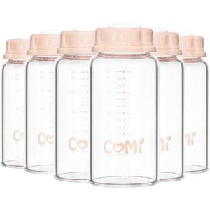 COMI Natural Glass Baby Bottle, Standard Neck Breastmilk Storage Bottle for Fridge, Breast Milk Container, Breast Pump Bottle Compatible with Medela Breast Pump, BPA Free, 6PCS (5oz,6 Pink Lids)