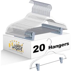Clear Plastic Pants Hangers with Clips 20 Pack | Heavy Duty Skirt Hangers Swivel Hook and Notches | Space Saving Acrylic Clip Hangers for Pants | Suitable for All Clothing | 16.5 Inch (Clear, 20)