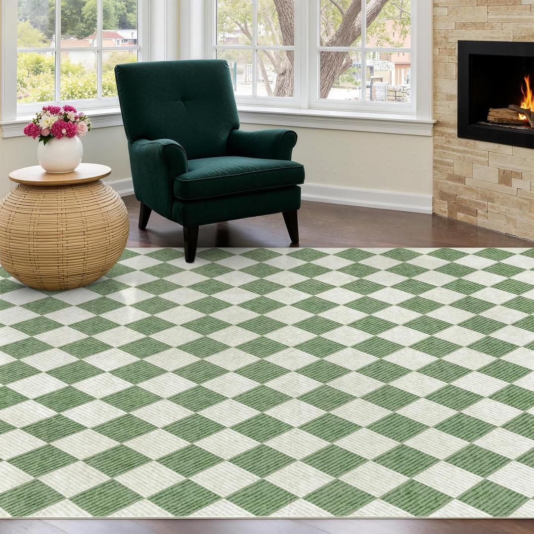 5x8 Checkered Washable Area Rug, Non-Slip Farmhouse Diamond Carpet for Living Room, Neutral Rug for Bedroom, Boys Room,Dining Room or Office