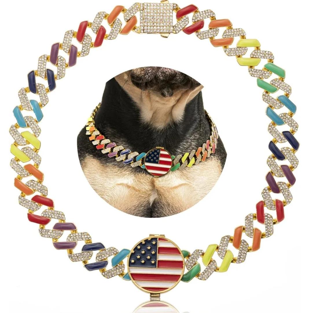 SHWLNY Gold Chain Dog Collars with Personalized, Diamond Collar Cuban Link 19MM Strong Heavy Duty Chew Proof, Dog Collar with AirTag Holder, Pet Collar for Dogs (XL:22"-26")