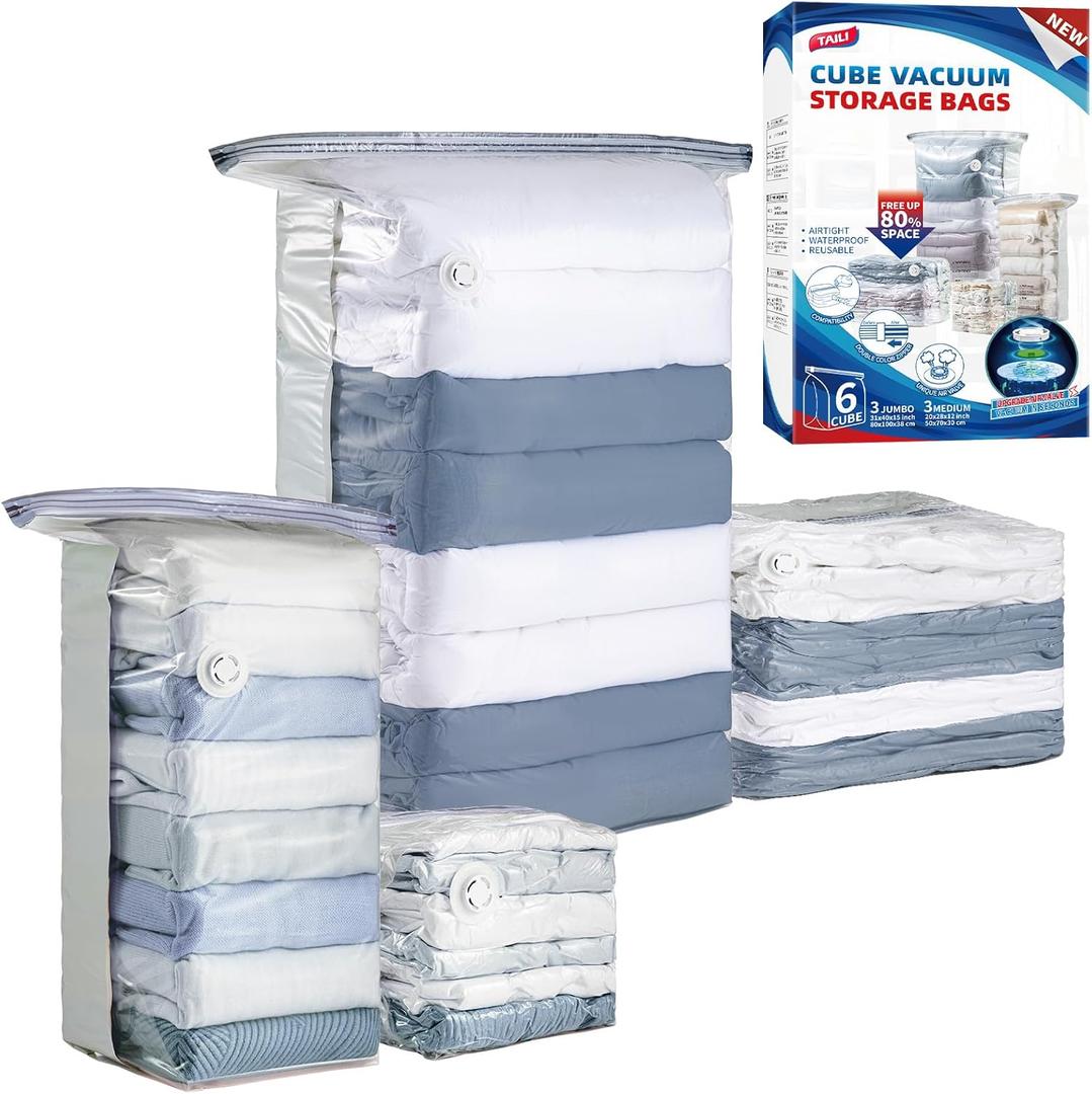 TAILI 6 Pack Vacuum Storage Bags, Cube Space Saver Bags Combo (3 Jumbo +3 Medium), Vacuum Seal Bags for Bedding, Clothing, Comforters, Blankets, Closet Oragnizer and Storage (Cream)