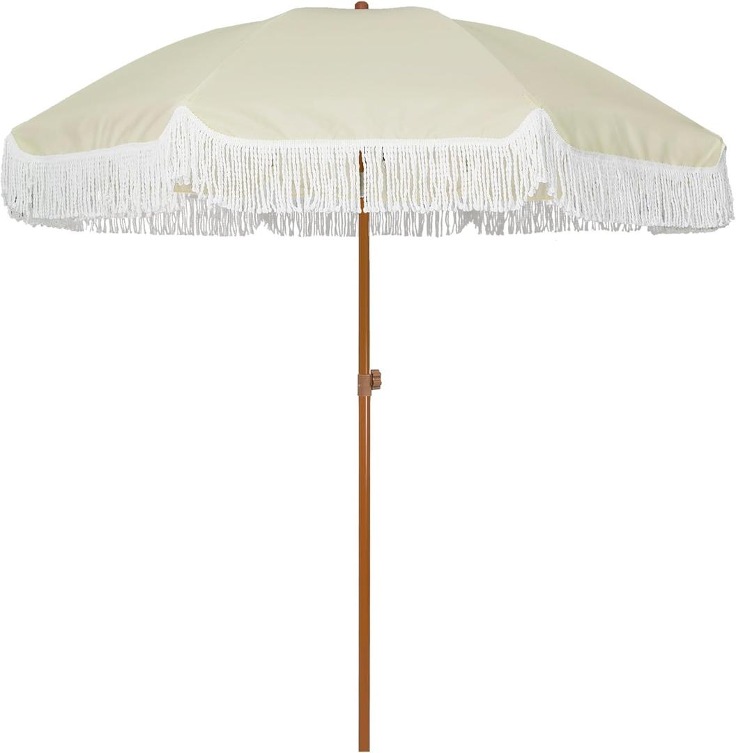 AMMSUN 7ft Patio Umbrella with Fringe Outdoor Tassel Umbrella UPF50+ Premium Steel Pole and Ribs Push Button Tilt, Light Beige