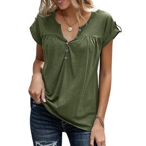 Womens V Neck T Shirts Rolled Short Sleeve Henley Tops Button Up Solid Loose fit Summer Casual Tees Shirts Army Green (Green, M)