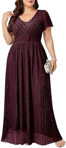 CYCLAMEN Plus Size Sparkly Formal Dress Lace Maxi V Neck Gala Prom Cocktail Evening Gown Wedding Guest, Burgundy, 0X