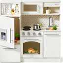 Tiny Land Play Kitchen for Kids, Upgraded Wooden Kitchen Toy with Complete Play Areas, Pretend Cooking Set with Sink, Stove, Microwave, Toy Coffee Station & Storage for Kids Ages 3+ (White)