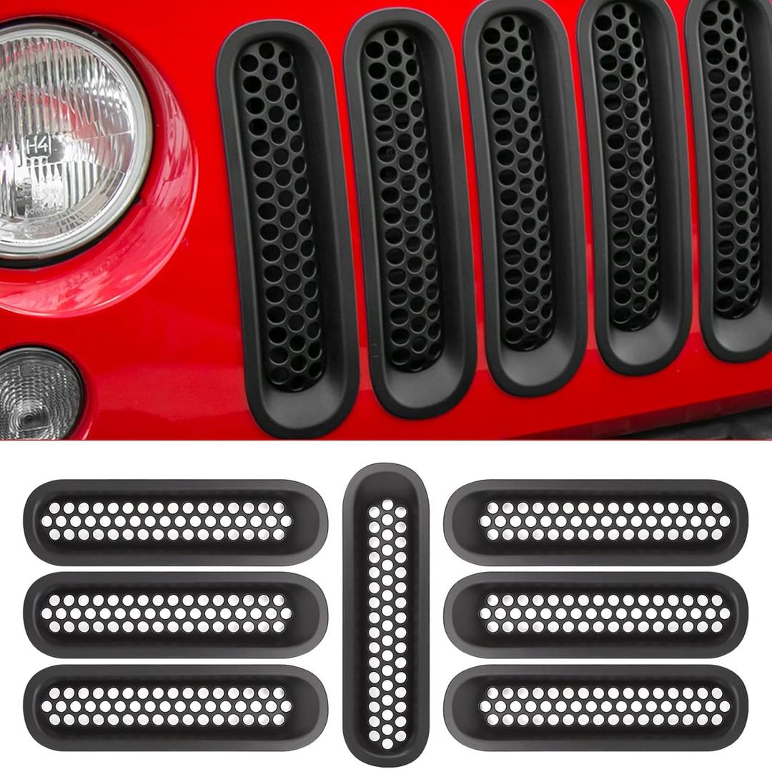 RT-TCZ Upgrade Version Clip-on Grille Front Mesh Grille Inserts Compatible with Jeep Wrangler JK JKU 2007-2015 (Matte Black)