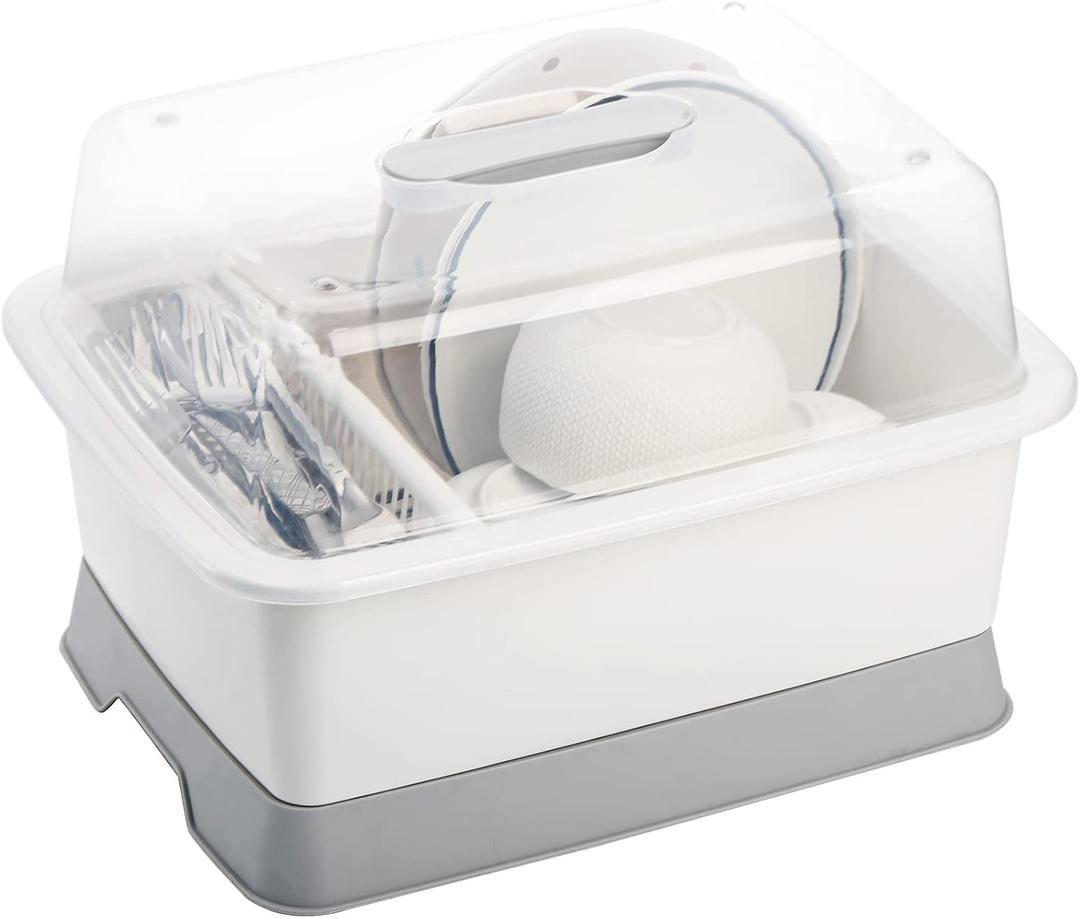 Lyellfe Plastic Dish Drying Rack, Bottle Dryer Holder with Cover Lid and Removable Drainboard, White Utensil and Cup Holder for Kitchen Counter, Dish Dryer Shelf, Medium Size